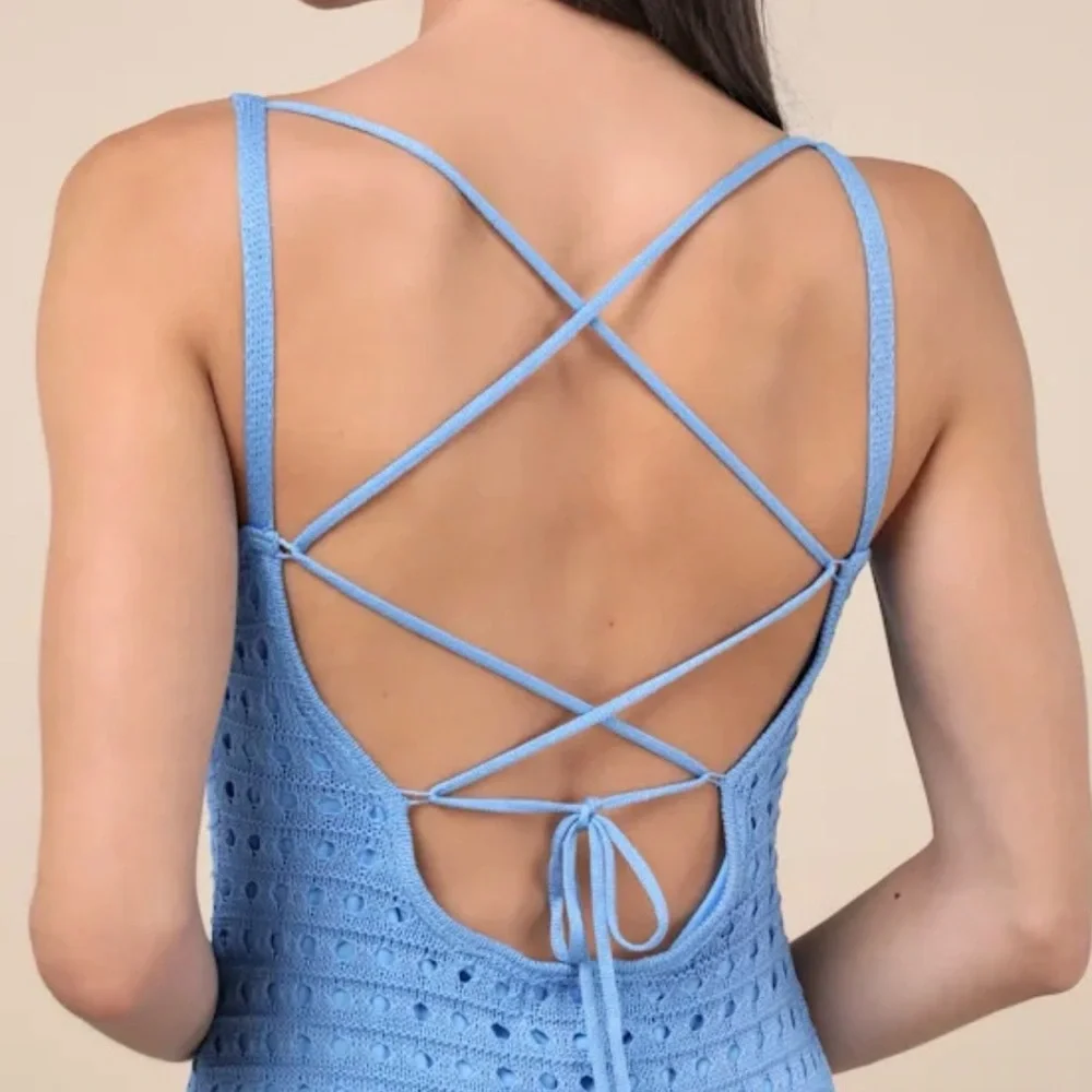 Lulus Ventura Vision Blue Crochet Lace-up Midi Dress - Size S - Picture 2 of 4